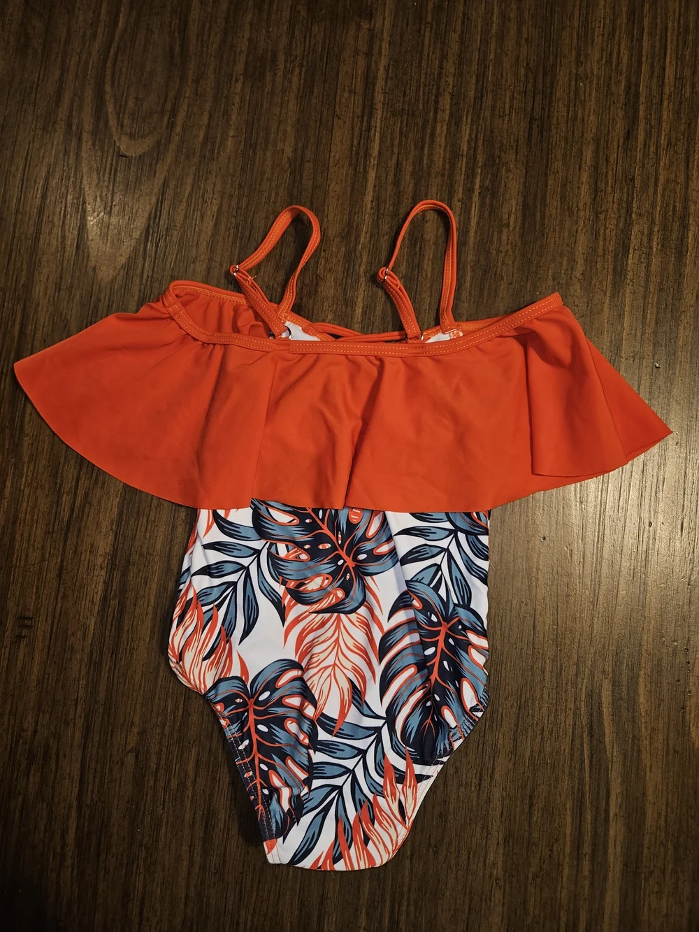 PatPat Orange Ruffle One-Piece Swimsuit with Navy Leaf Print